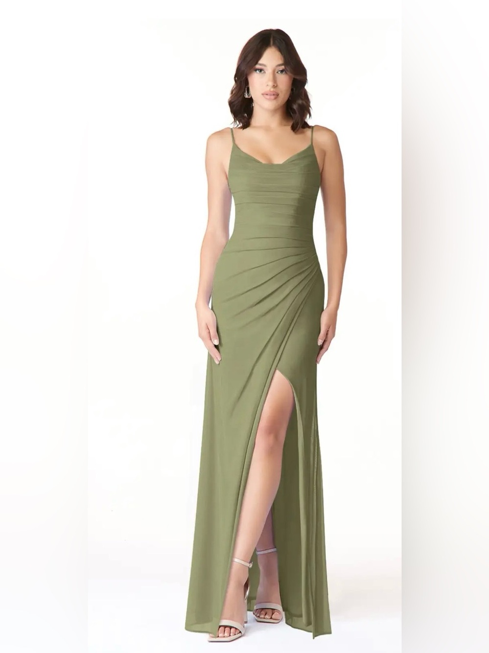 Azazie Deandra: Pistachio Green Ruched Chiffon Maxi Dress A8